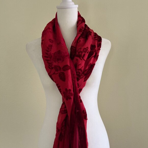 Unbranded Scarf Floral Velvet Burnout Rectangle Rich Red on Red Whimsygoth - Picture 2 of 7